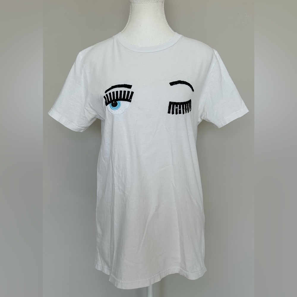 Chiara Ferragni Flirting‎ Eyes sequin eye eyelashes tee shirt black white blue S - Picture 2 of 13